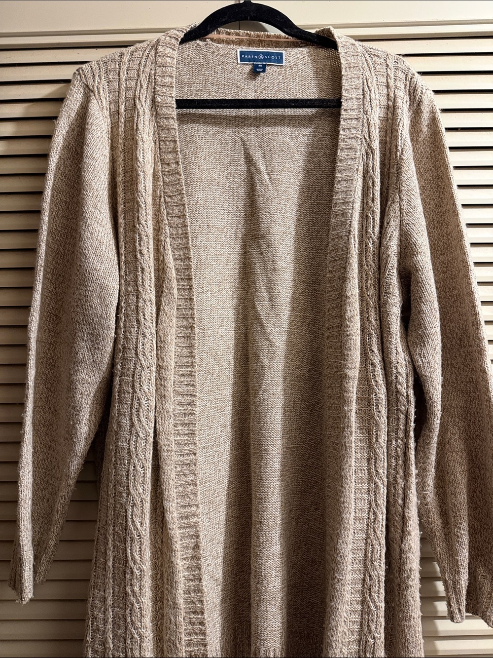 Karen Scott Taupe Open-Front Cable Trim Cardigan